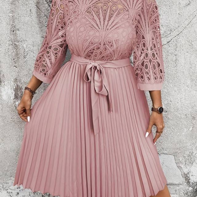 TEMU Elegant Pink Pleated Midi Dress With Lace Detailing, Long Sleeves, And Belt - Casual Yet Chic Women's Dress For Casual Attire, Casual Elegant Wear | Pleated Design | Feminine , Cute Dress