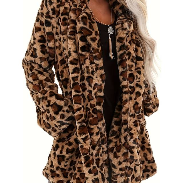 TEMU 1pc Elegant Leopard Print Faux Fur Coat For Women - Midi Length, Long Sleeve, Knit Polyester Fabric, Non-stretch, Regular Fit With Pockets, Fall/winter Casual Wear