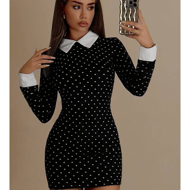 TEMU Print Women's Polka Dot Mini Dress With Collar - Bodycon Fit, Machine Washable