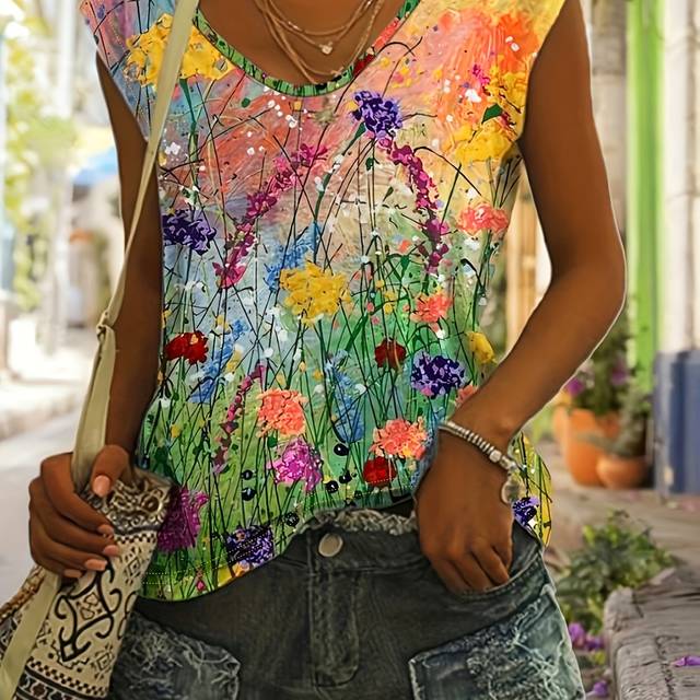 TEMU Women's Floral Print V-neck T-shirt, Casual Short Sleeve Top For , Vibrant Design With Pink, Red, And , Lightweight Sleeveless Shirt For Casual Attire