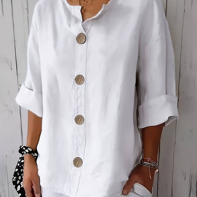 TEMU Plus Size - Elegant Plus Size Women's Blouse - Chic Short Sleeve, Button-up Shirt With Golden Buttons, Non-stretch Fabric, , Spring, Casual To Formal Wear, Ladies Blouses