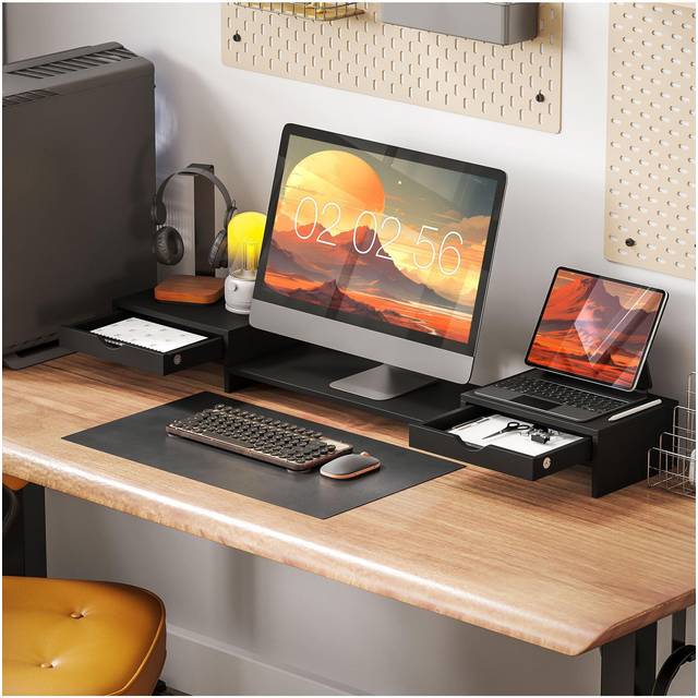 HOMCOM Dual Monitor Stand Riser with Adjustable Length and Angle - Black | TJ Hughes White