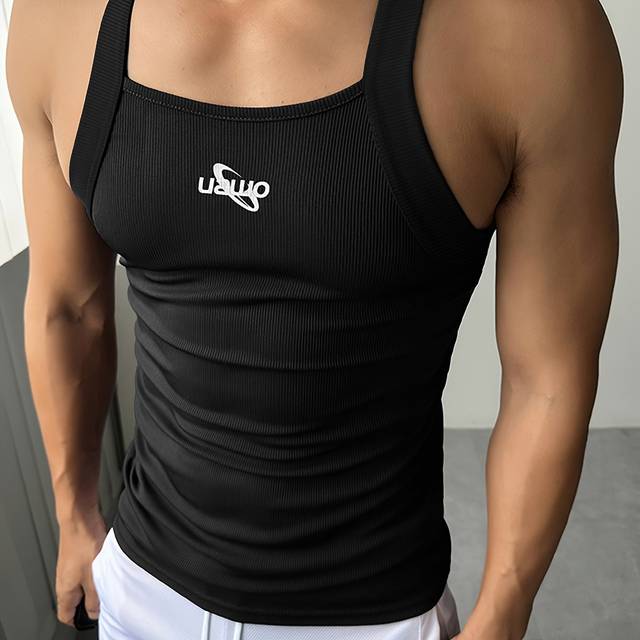TEMU Men's Slim Fit Stretch Tank Top - Print, Ribbed Texture, Summer Sleeveless Shirt For Casual Or Workout Wear