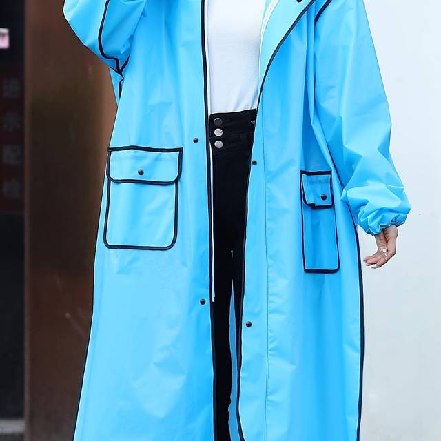 TEMU Women' Blue Raincoat With Hood - Long Sleeve, Full-body Cover-up For Cycling, Electric Scooters, And Hiking - With Multiple Pockets, Raincoat For Hiking, Scooter Riding Gear, Durable Rainwear
