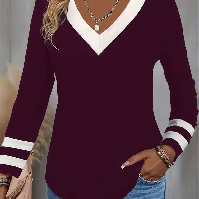 TEMU Color Block Long Sleeve T-shirt, Casual V Neck Top For Spring & Fall, Women's Clothing