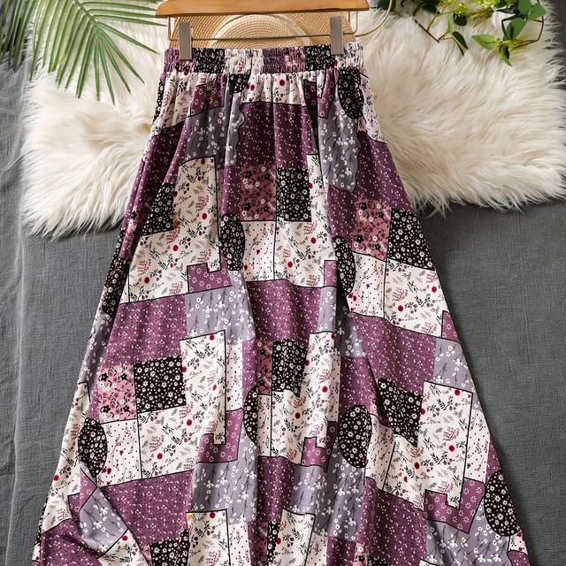 TEMU Women's Bohemian Print Flowy Maxi Skirt - Purple, Black, White & Gray Polyester Skirt With Floral And Geometric Print Patterns, Machine Washable, Spring/summer/fall