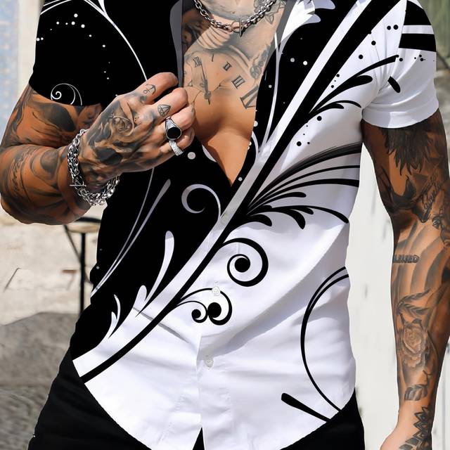 TEMU Men's 3d Geometric Print Short Sleeve Button-up Shirt - Black & White Casual Polyester Shirt With Floral Tattoo Design, Machine Washable