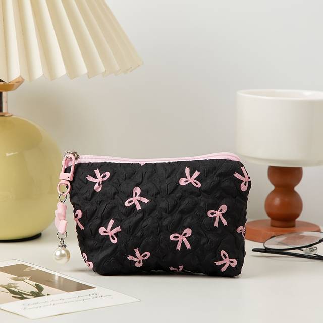 TEMU 1pc Mini Women's Travel Makeup Bag With & Bow Accents - Durable Polyester Cosmetic Organizer Pouch, Compact 5.46x3.9 Inch Multi-functional Clutch For Daily Use & Trips, Cute Gift For Girls
