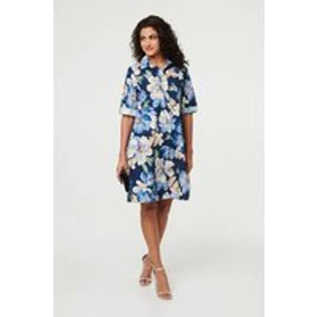 Floral Oversized Knee Length Shirt Dress - Blue - 10