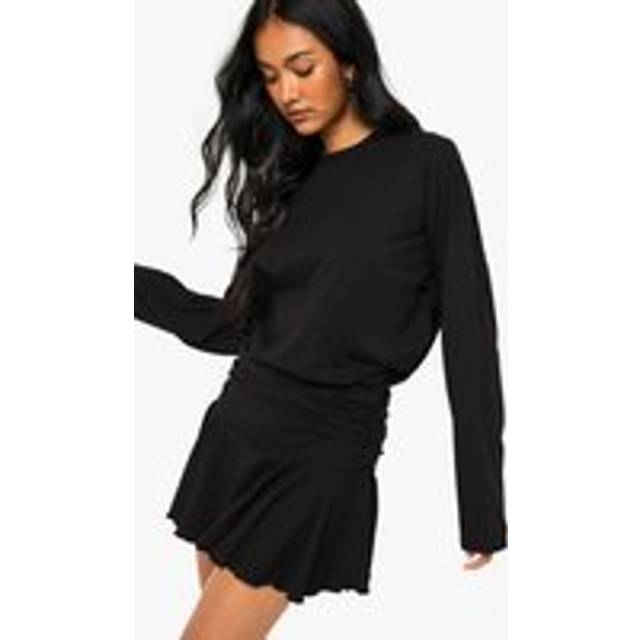 Womens Long Sleeve Ruched Drop Waist T-Shirt Dress - Black - 10, Black