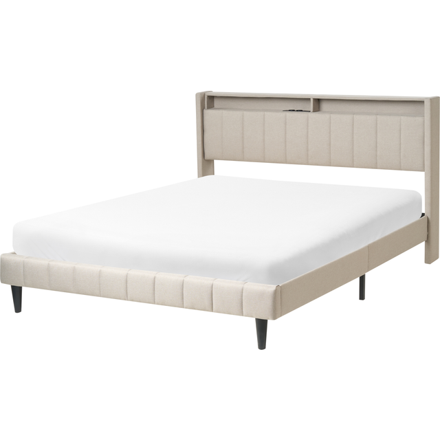 Upholestred Fabric eu King Size Bed 5ft3 with Storage Headboard with usb led Lights Beige Beaulieu