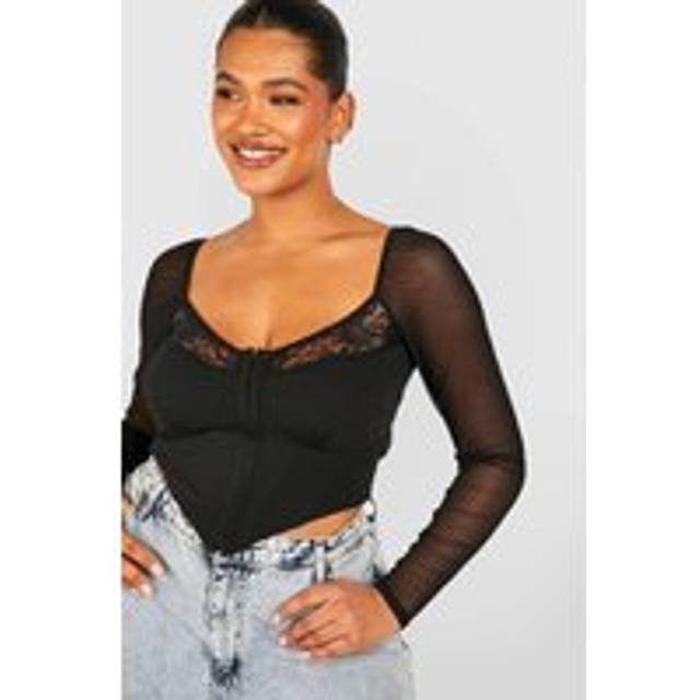 Womens Plus Mesh And Lace Hook And Eye Corset Top - Black - 26, Black