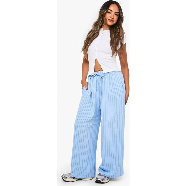 Womens Striped Linen Wide Leg Trouser - Powder Blue - M/L