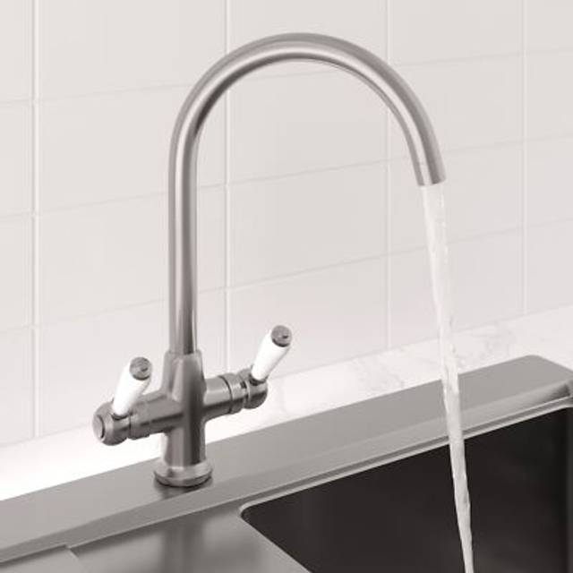 Traditional mono kitchen sink mixer tap twin ceramic lever brushed metal faucet