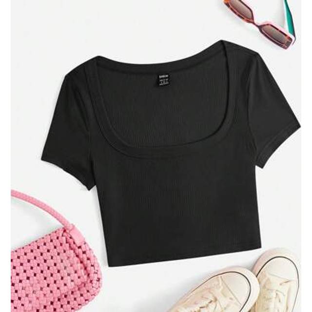 SHEIN Women Summer Going Out Black Scoop Neck Solid Crop Tee