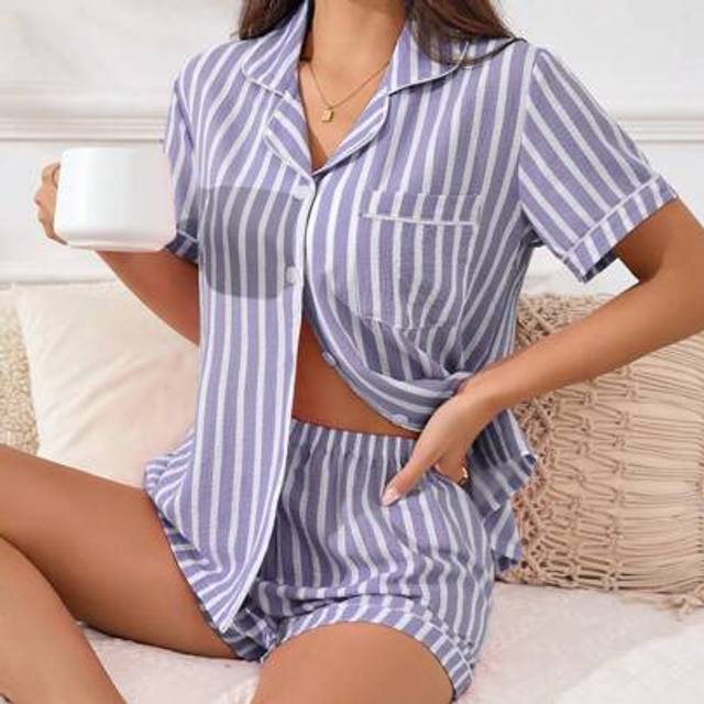 SHEIN Women&#39;s Striped Patchwork Collar Short Sleeve Top And Shorts Leisure Pajama Set Holidayseason