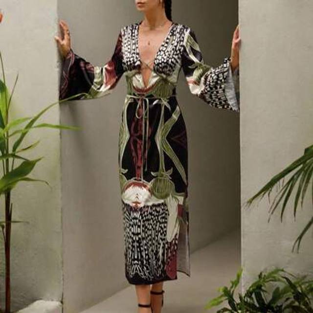 SHEIN Black Satin Print Deep V Neck Long Sleeves Maxi Dress For Summer Vacation Holiday Beachwear Resort Wear Vacation Outfits Old Money