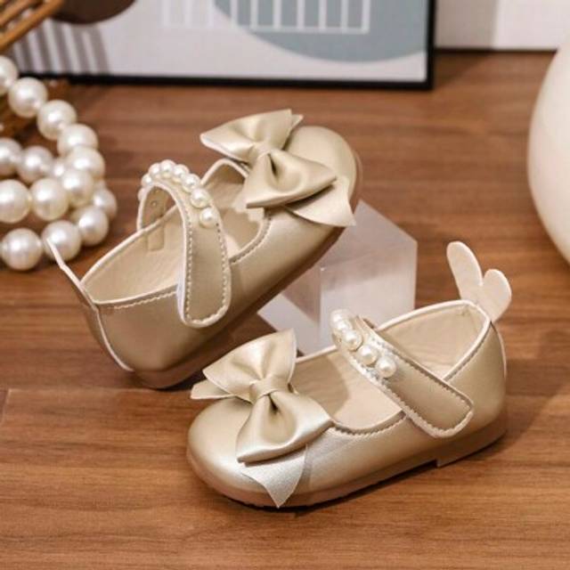 SHEIN Girls&#39; Princess Shoes, PU Bow Decor, Lace-Up, Pearl Accent, Fashion Versatile For Indoor & Outdoor Wear
