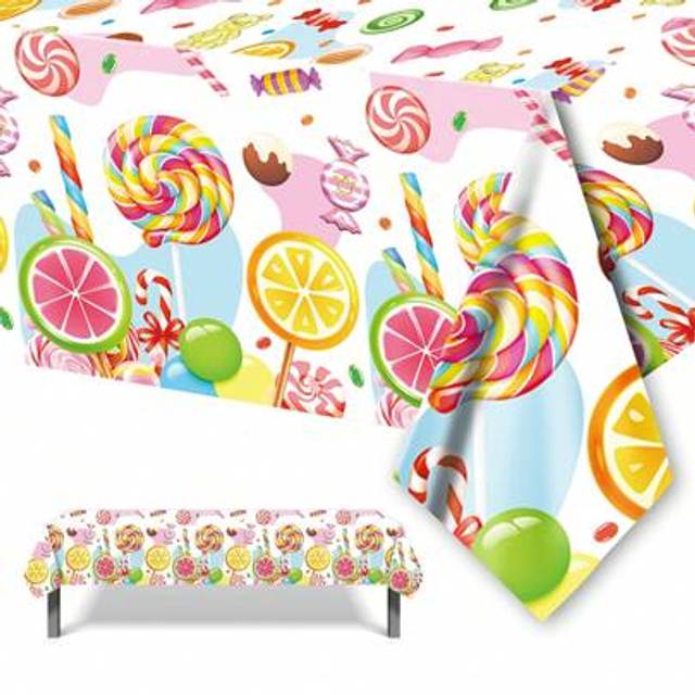 SHEIN 1PC, Candy World Tablecloth, Candy Themed Cartoon Party Supplies Birthday Party Decoration, Pink Color Plastic Table Cover, Party Decoration, Home Dec
