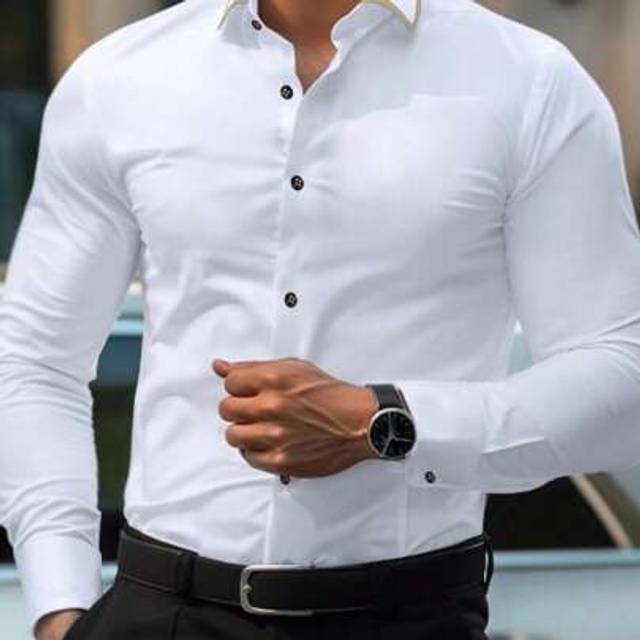 SHEIN Men&#39;s Casual/Business/Formal Shirt, Colorblock Lapel Single Breasted Slim Fit Shirt With Gold Buttons, Great Gift For Partner