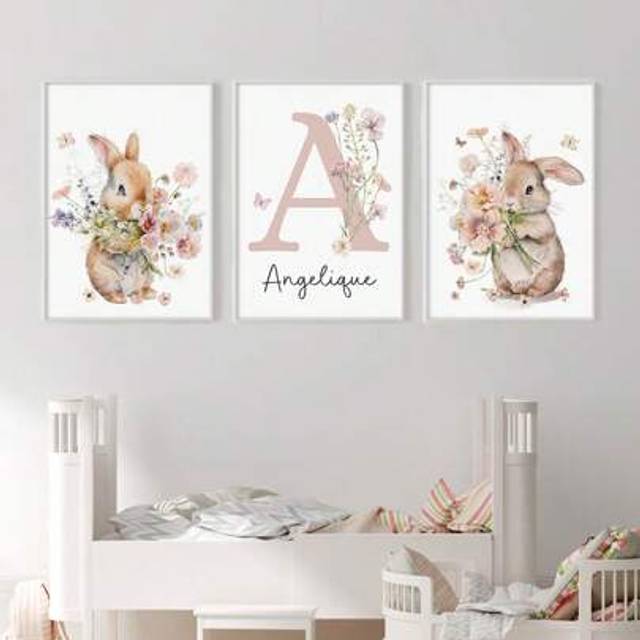 SHEIN 3pcs Custom Name Art Poster Personalized Rabbit Hanging Picture Floral Hanging Pictures Dopamine Picture Nursery Print Picture Girls Bedroom Decor Bir