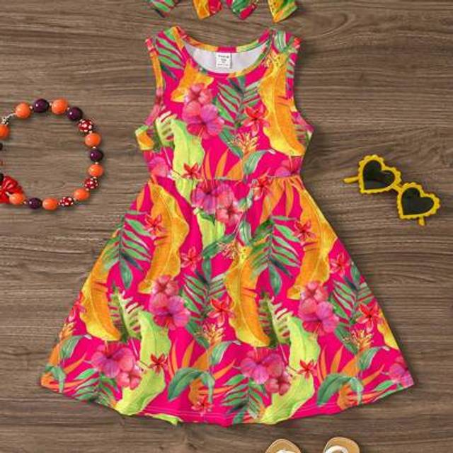 SHEIN Young Girl Casual Cute Tropical Floral Print Sleeveless Midi Dress, Suitable For Summer Family Outing, Vacation, Easy Comfort, Cherished Little Joy, V