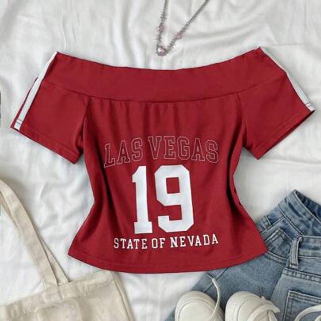 SHEIN Teen Girls Off Shoulder Sporty Red White Letter & Number Print School Campus Street Casual All-Match T-Shirt, Summer Clothes For Teen Girls T Shirt, T