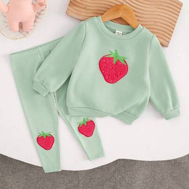 SHEIN LMoss Baby Girl Cute Versatile Green Cartoon Embroidered Plush Strawberry Pattern Long Sleeve Sweatshirt & Elastic Waist Leggings Set, Autumn/Winter