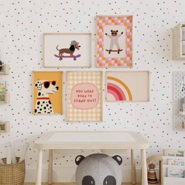 SHEIN 1pc Urban Pals Baby Nursery Wall Art - 1pc Skateboard Puppy And Bear Poster With &#34;Born To Be Different&#34; Quote And Rainbow (Star Dot Background). Skate
