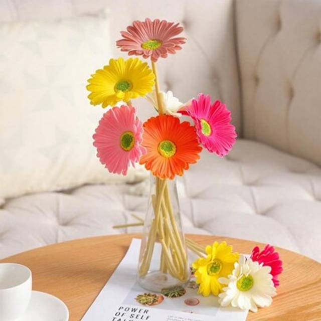SHEIN 6Pcs Artificial Gerbera Wedding Bridal Bouquet Party Home Office Kitchen Table Center (White, Yellow, Orange, Pink, Rose Red, Coral), Valentine Day, G