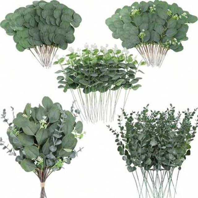 SHEIN 30pcs/Set 4 Types Artificial Mixed Eucalyptus Leaves & Stems, Artificial Silver Dollar Eucalyptus Leaves, Artificial Green Spray Fake Plants, For Wedd