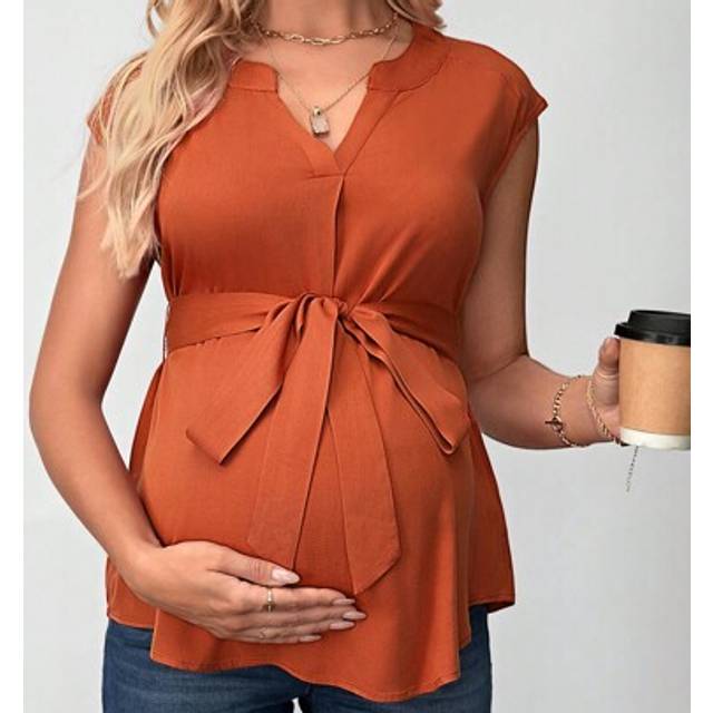 SHEIN Maternity Sleeveless Blouse With Notched Collar, Belted Waist