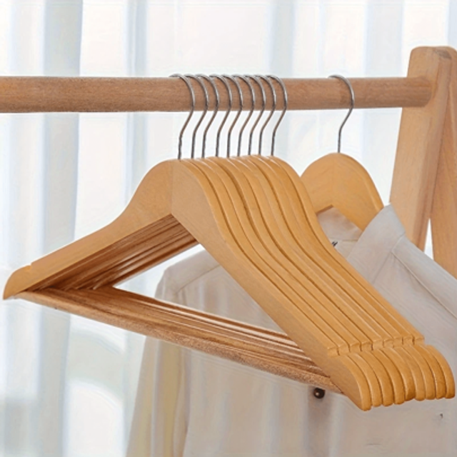 SHEIN 10pcs Wooden Hangers, Heavy Duty Non-Slip Coat Hangers For Jackets, Suits And Pants, With Bar And Notches