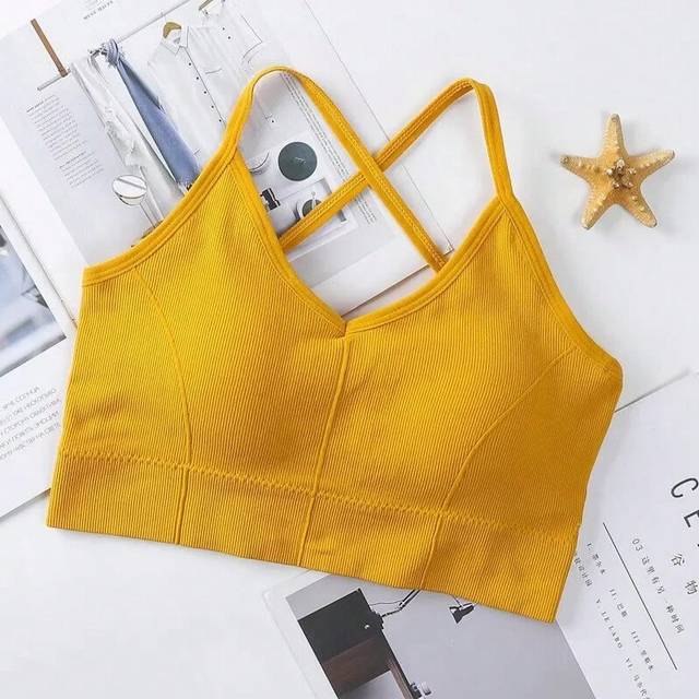 (Yellow, One Size) Sports Bra Women Cross Strap Beauty Back Underwear Sexy Push Up Running Yoga Fitness Sport Bra Top Breathable Quick Dry Gym Top