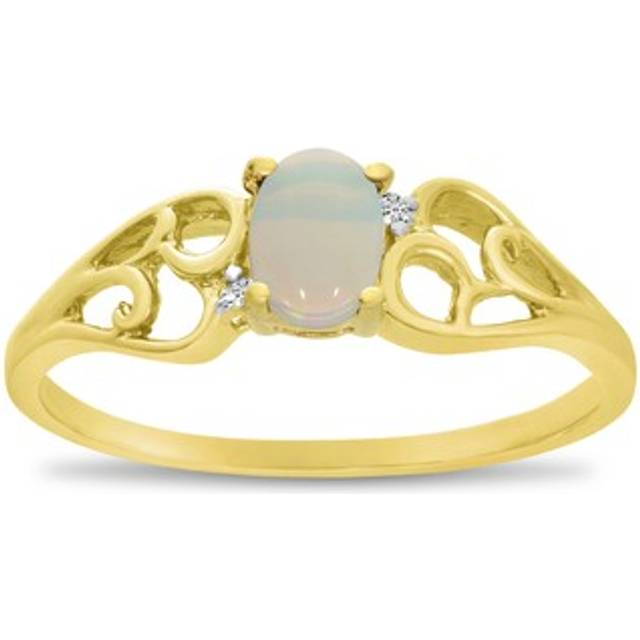 Lxr 10k yellow gold oval opal and diamond ring