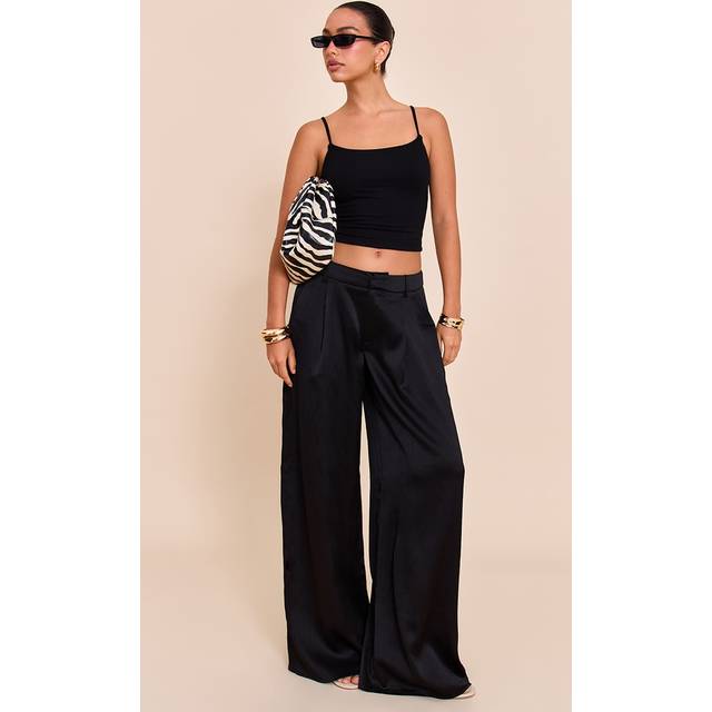 Black Textured Satin Double Pleat Wide Leg Trouser, Black - 10