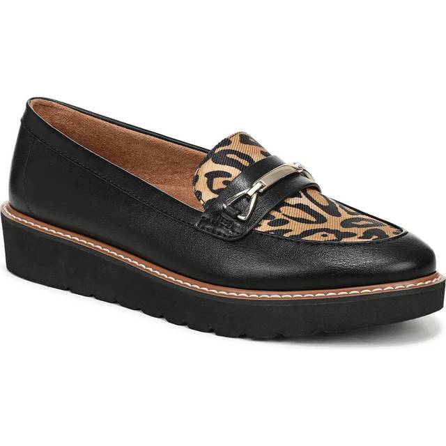 Naturalizer Elin Loafer Shoes, Black/leopard Faux Leather, 9.5W Slip-On, Almond Toe