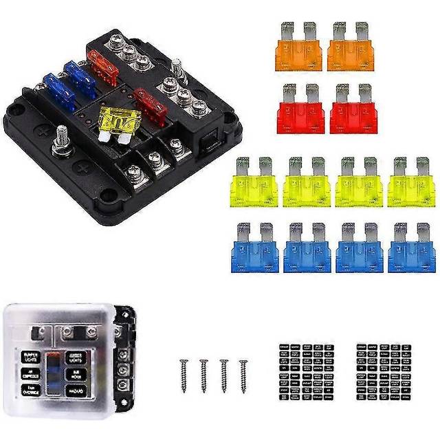 (As show, One size) 6 Way Fuse Box, Fuse Holder With Negative Bus, Blade Fuse Blocks With 16 Fuses 6 Led Lights Protective Cover For 12v/32v Car Autom