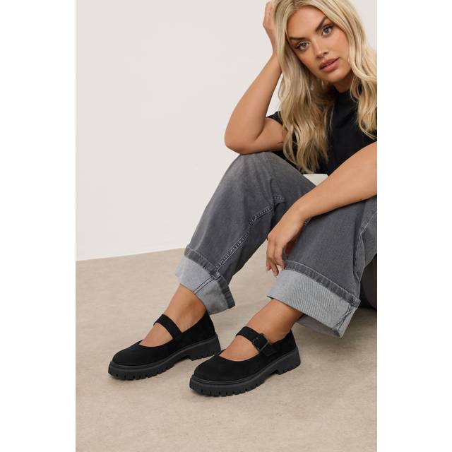 Black Faux Suede Chunky Mary Jane Shoes In Wide E Fit & Extra Wide eee Fit - 9E