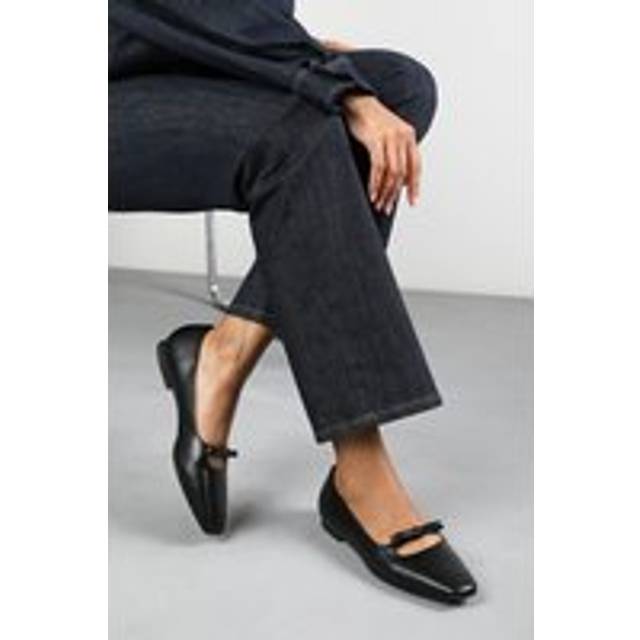 'Jessica' Wide Fit Square Toe Ballet Flats With Knot Bow - Jet Black - 4E
