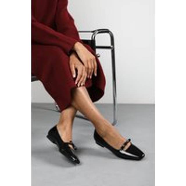 'Jessica' Wide Fit Square Toe Ballet Flats With Knot Bow - Black - 8E