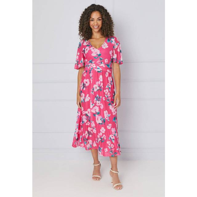 Wallis womens fit flare dress raspberry floral mesh short sleeve midaxi stylish