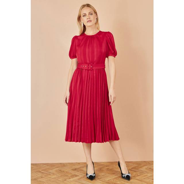 Yumi Satin Stripe Pleated Midi Dress, Red
