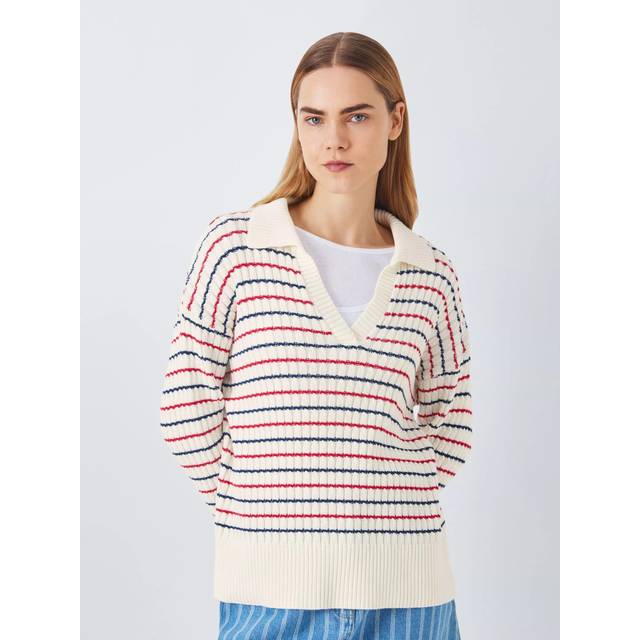 John Lewis ANYDAY Stripe Polo Neck Jumper, Cream/Red/Navy