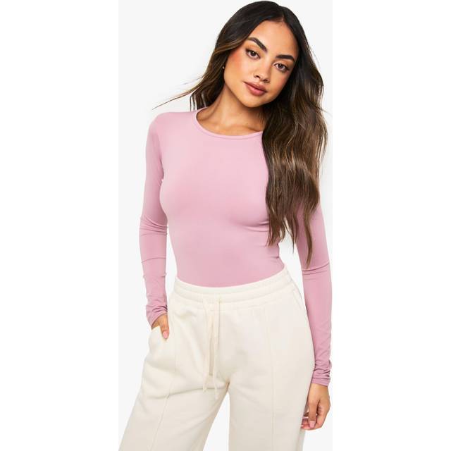 Womens Soft Slinky Long Sleeve Crew Neck Bodysuit - Baby Pink - 12