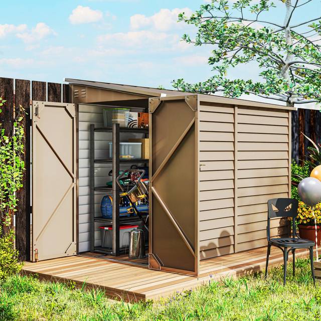 Outsunny 5 x 9ft Galvanised Metal Garden Shed with Foundation Kit, Brown