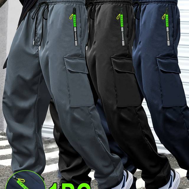 TEMU 1pc Men's Spring/fall Cargo Pants With Large Zipper Pockets & Drawstring Waist - Olive Green Casual Outdoor Joggers For Hiking, , And Leisure Activities, Jogging Pants, Straight