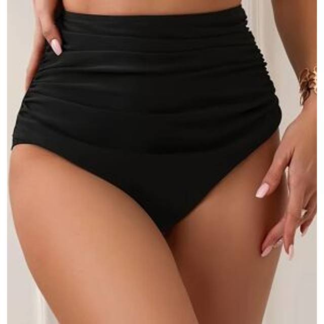 TEMU Women's High-waisted Bikini Bottoms - Sexy Side Ruching Solid Color Swimsuit Bottoms, Medium--washable Non-transparent Fabric For Beach & Pool