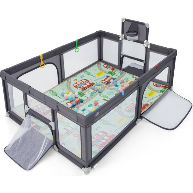 207 x 142 cm Large Baby Playpen Safe Play Yard w/ Basketball Hoop & Mat-Dark Grey