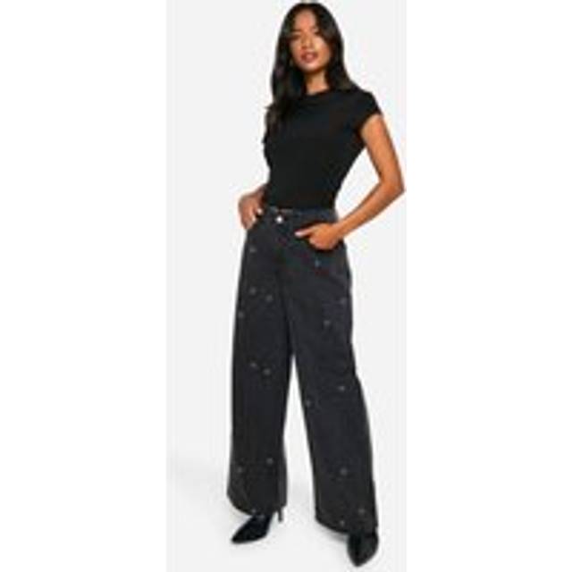 Womens Petite Diamante Embellished Wide Leg Jean - Black - 14, Black